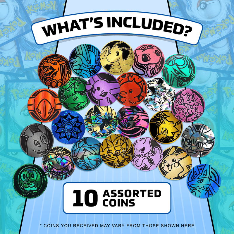 Pokemon TCG Coins Lot 10 Assorted Official Collectible – Charizard Pikachu Mewtwo Eevee Lugia Gengar Tournament Legal Birthday Gift for Kids Pokemon Fans