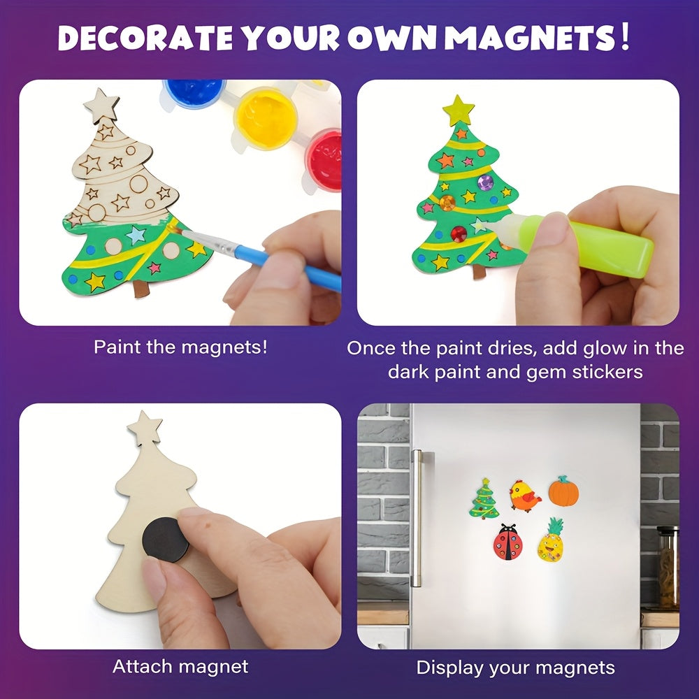 DIY Wooden Fridge Magnets Painting Kit for Kids 30pcs – Wood Craft Set with Glow in the Dark Paint, Art Supplies, Party Favors Gift for Boys Girls