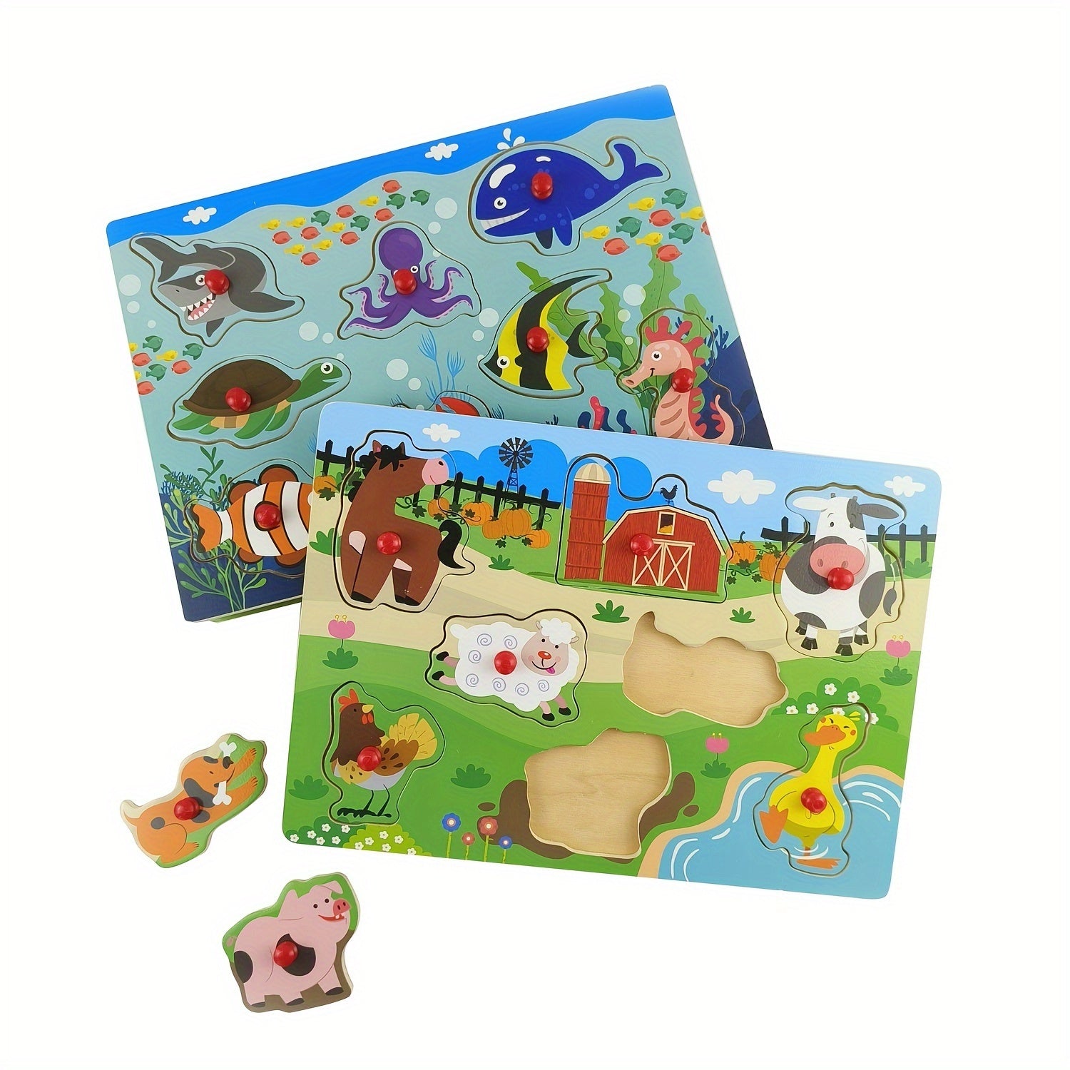 Wooden Peg Puzzle Set of 4 for Toddlers – 32 Pcs Knob Puzzles Farm & Zoo Animals, STEM Learning Toy, Christmas Halloween Gift for Kids Ages 1-3