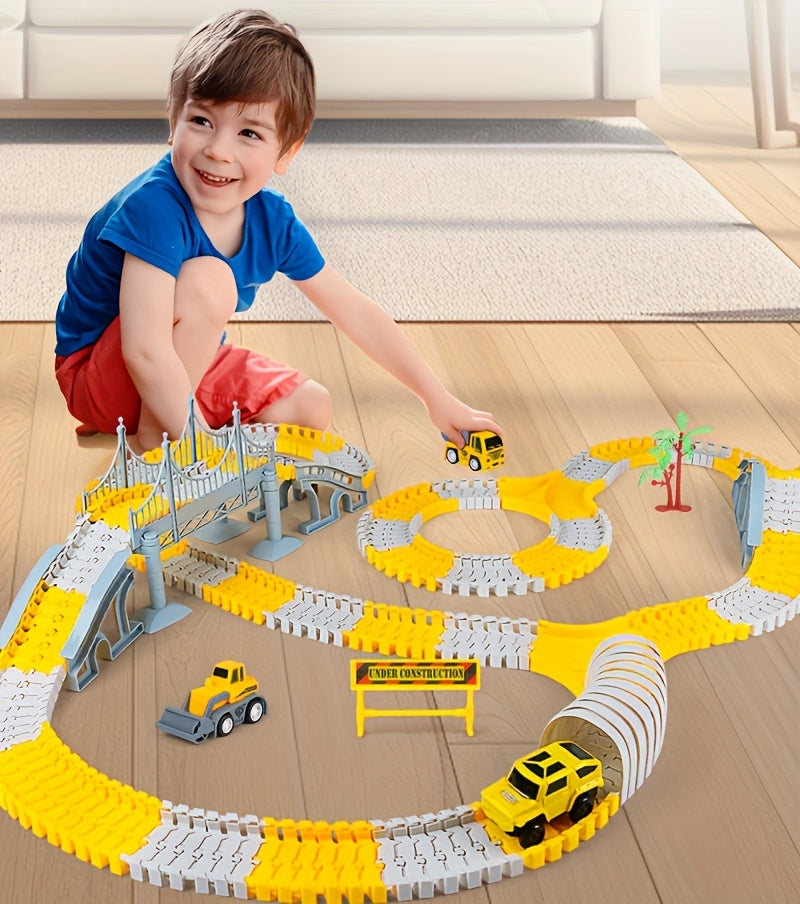 Kids Electric Track Car Toy Set Engineering Race Track with Elevated Bridge Tunnel Roller Coaster Scene Building Assembly – Birthday Gift Boys Girls Ages 3-8