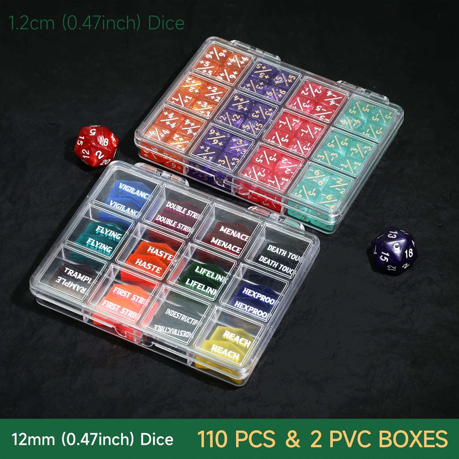 110pcs MTG Counter Dice Set Plus 1 Minus 1 Tokens D20 Keyword Counters 12mm 6-Sided Dice for Magic the Gathering TCG Card Game Accessories Gift