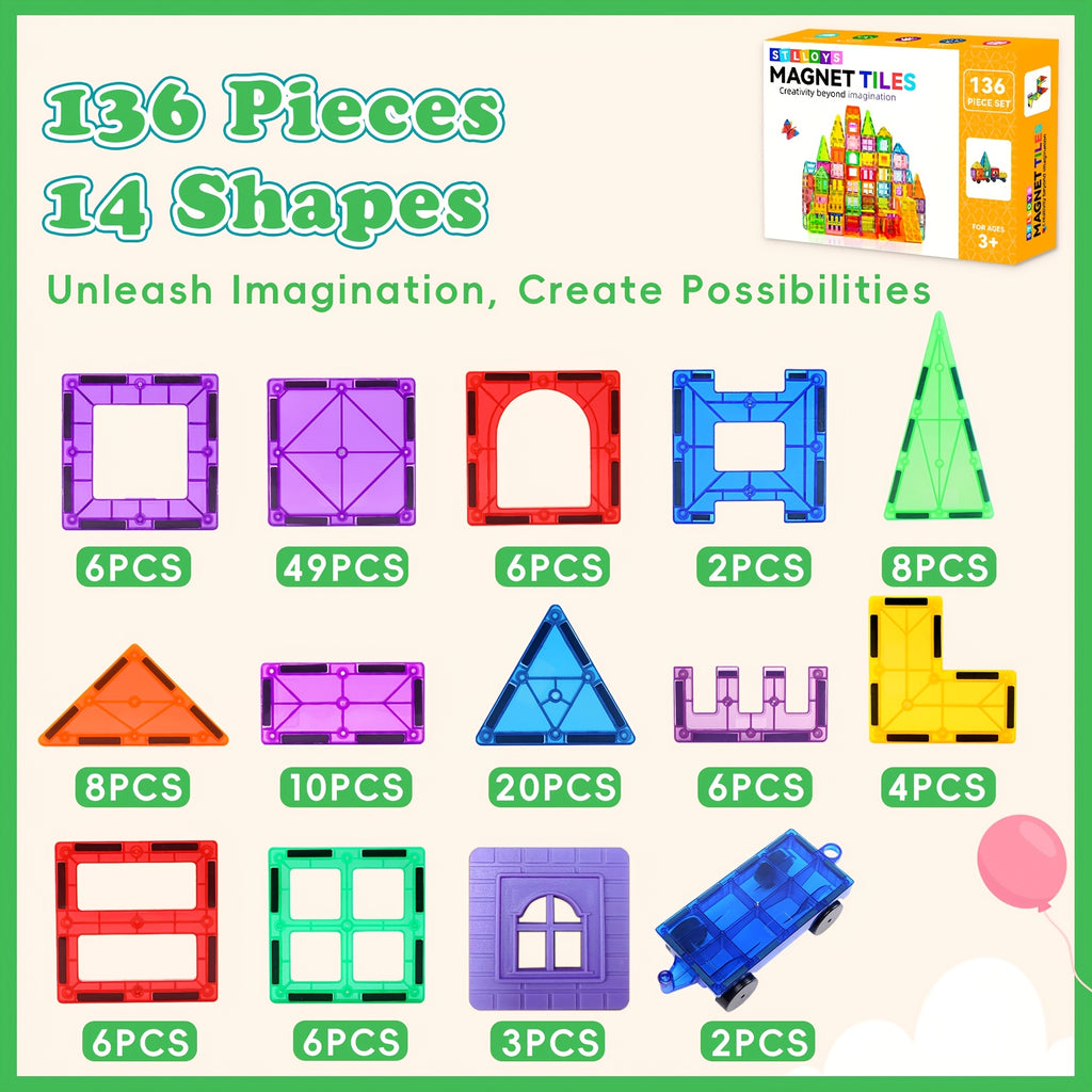 Magnetic Tiles with Cars 106pcs 136pcs STEM Magnet Construction Building Toy for Kids Boys & Girls Ages 3-9 - Birthday Gift