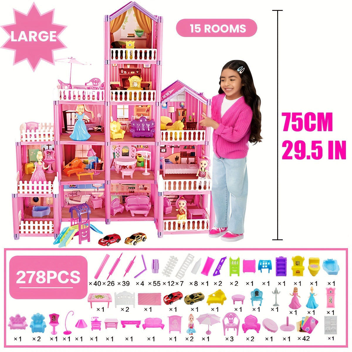 Dollhouse Princess Castle with Furniture – 11 to 27 Room Doll Villa Play Set for Girls Logical Thinking Toy Birthday Christmas Gift Kids Ages 3+ Pink Blue