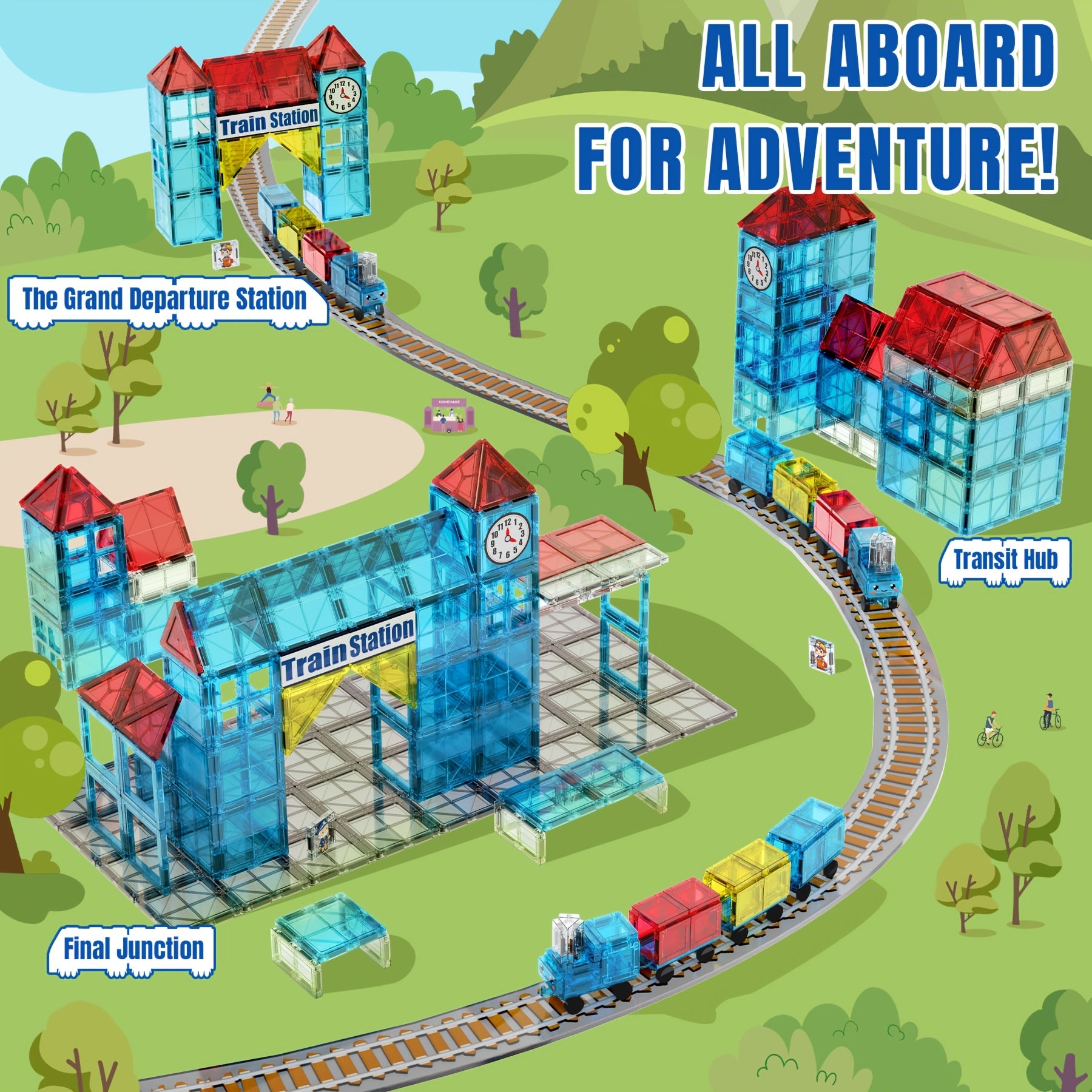 Magnetic Train Station Building Set 60pcs with Railway Tracks Train Clock Tower Trees STEM Educational Toy for Toddlers Kids Ages 3 4 5 6 - Gift