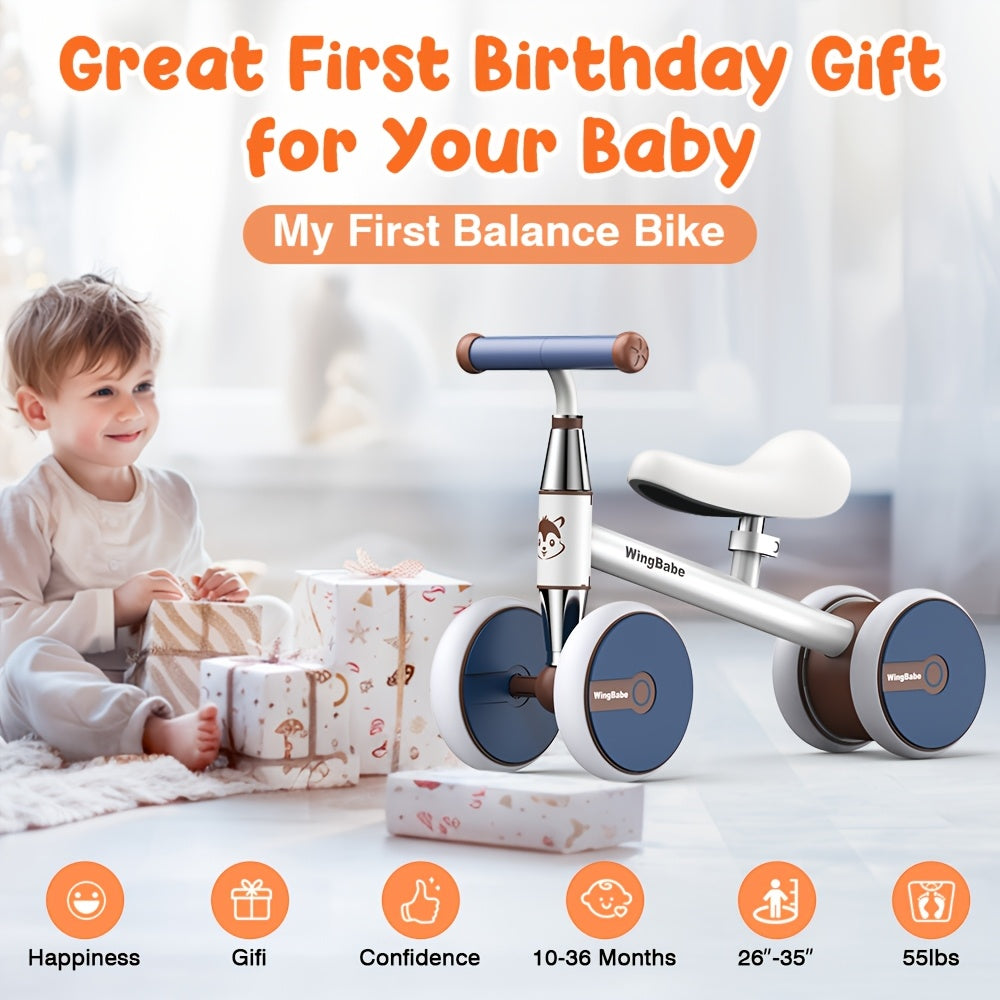 Baby Balance Bike for Toddlers 10-36 Months, 4 Wheel First Bike for Boys Girls with Adjustable Seat Silent TPE Tires 90° Safety Steering, Indoor Outdoor Ride-On Toy, 1st Birthday Christmas Gift