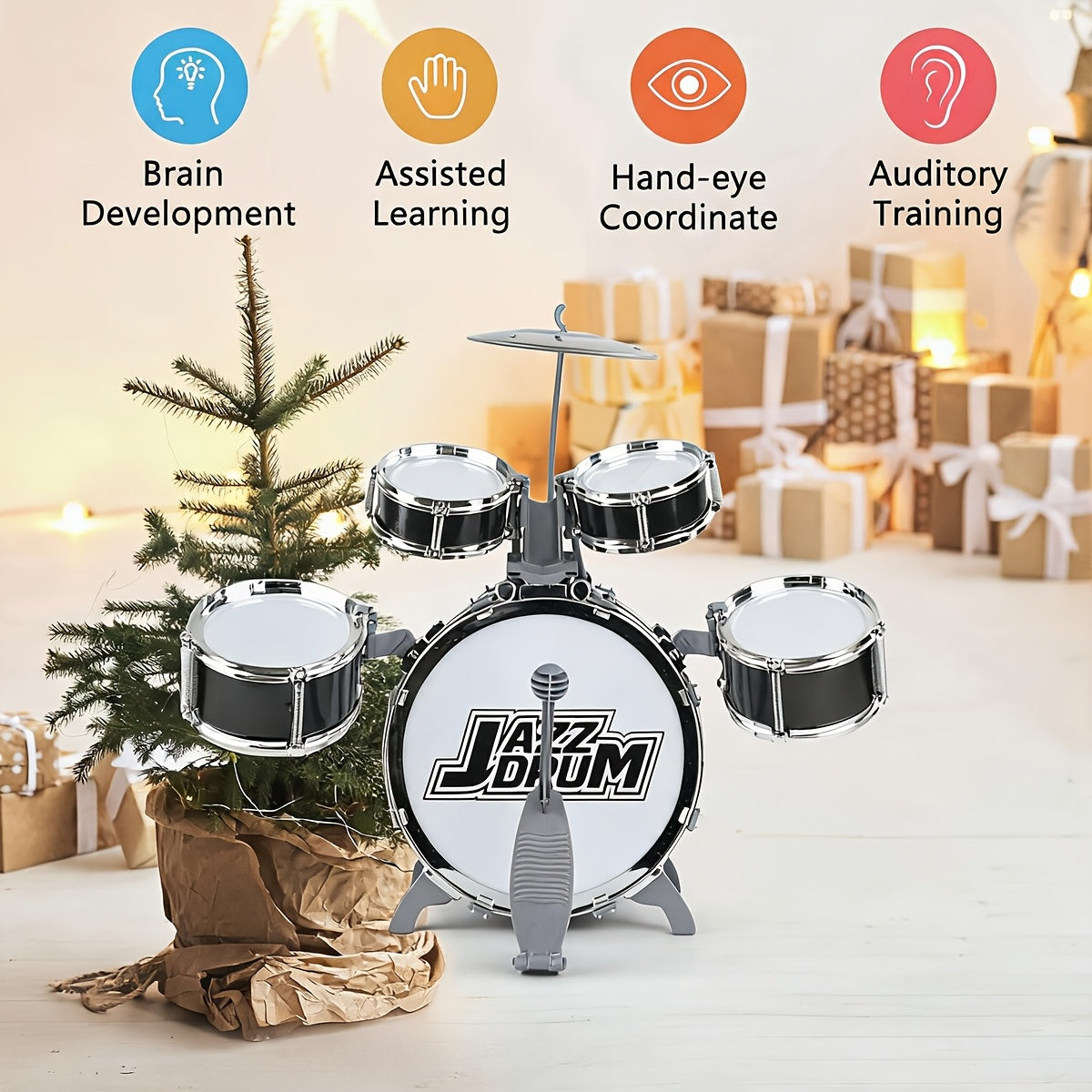 Kids Drum Set with Chair for Toddlers Ages 3-5 - Children's Musical Instrument Toy, Birthday Christmas Gift for Boys & Girls, Black & Deep Blue