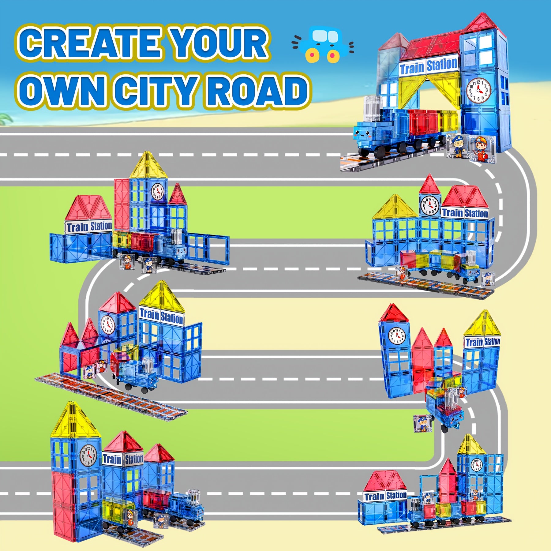 Magnetic Train Station Building Set 60pcs with Railway Tracks Train Clock Tower Trees STEM Educational Toy for Toddlers Kids Ages 3 4 5 6 - Gift