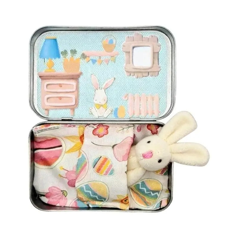 Mini Bunny Adoption Set Pocket Dollhouse Bunnies with Accessories in Decorative Tin Box – 4 Styles Easter Basket Gift Miniature Collector Toy Ages 3+