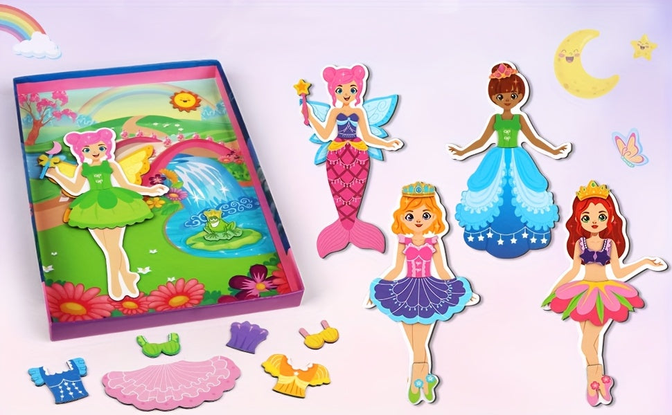 Girls Dress Up Magnetic Dolls Set Princess Mermaid Fairy Ballerina Mix Color Magnetic Outfits Travel Game Kit Car Ride Airplane Activity Birthday Gift Girls Ages 3-7