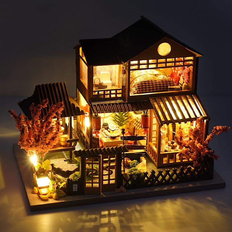 DIY Miniature Sakura House Kit – Wooden Dollhouse Building Kit for Adults, Model Craft Set with Furniture & Accessories, Christmas Halloween Birthday Gift