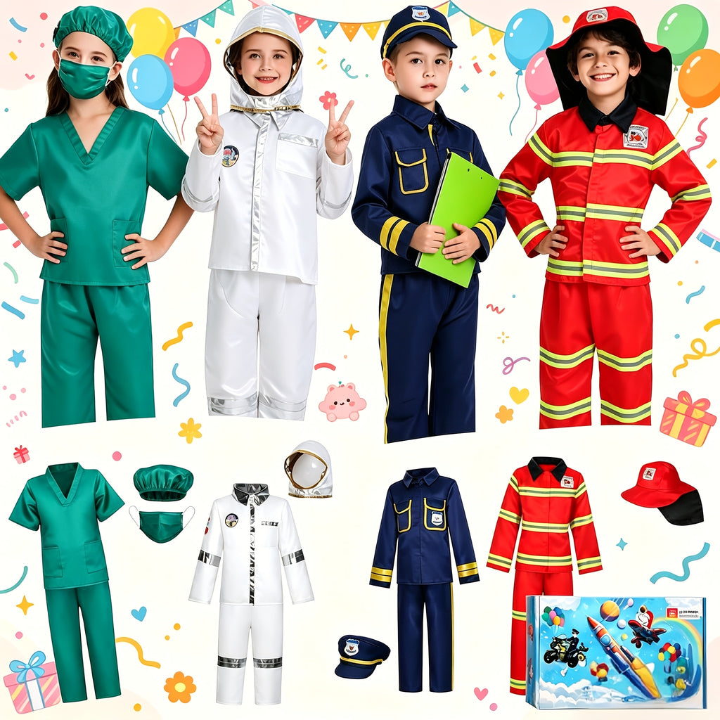 Kids Dress Up Costumes 4-in-1 Role Play Set - Firefighter Police Astronaut Doctor Boys Girls Ages 3-6 Years Birthday Gift