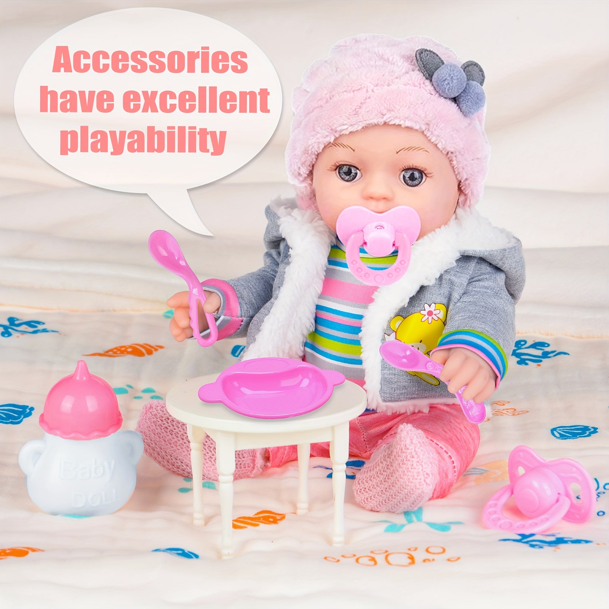 12 Inch Baby Doll Set with Winter Clothes – Coat, Outfit, Socks, Pacifier, Feeding Bottle & Utensils, Movable Limbs Nurturing Playset Gift for Girls Kids Ages 3+