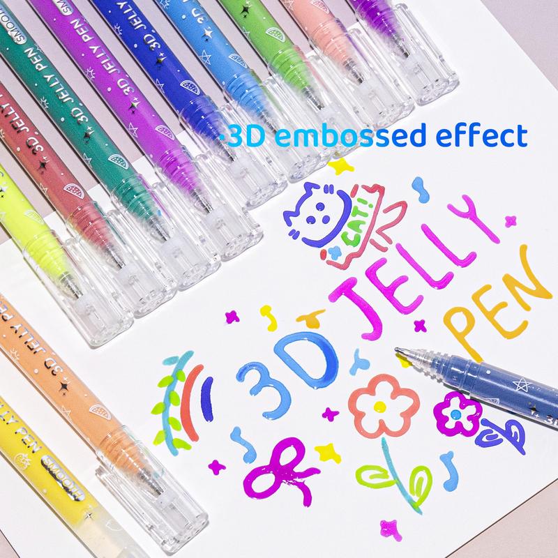 3D Jelly Gel Pens Set, Glossy Color Ink in 12, 24 or 36 Color Options for Drawing, Scrapbooking, Bullet Journals, DIY Greeting Cards and Creative Gifts