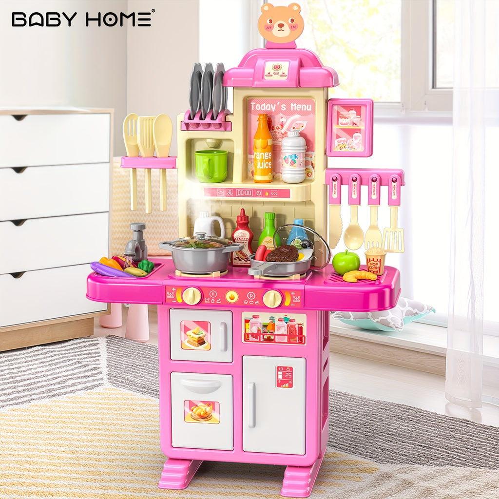 Kids Play Kitchen Playset Pretend Play Kitchen Set with Lights Sounds Toddler Cooking Toy Interactive Indoor Playset Birthday Christmas Gift Ages 3 and Up