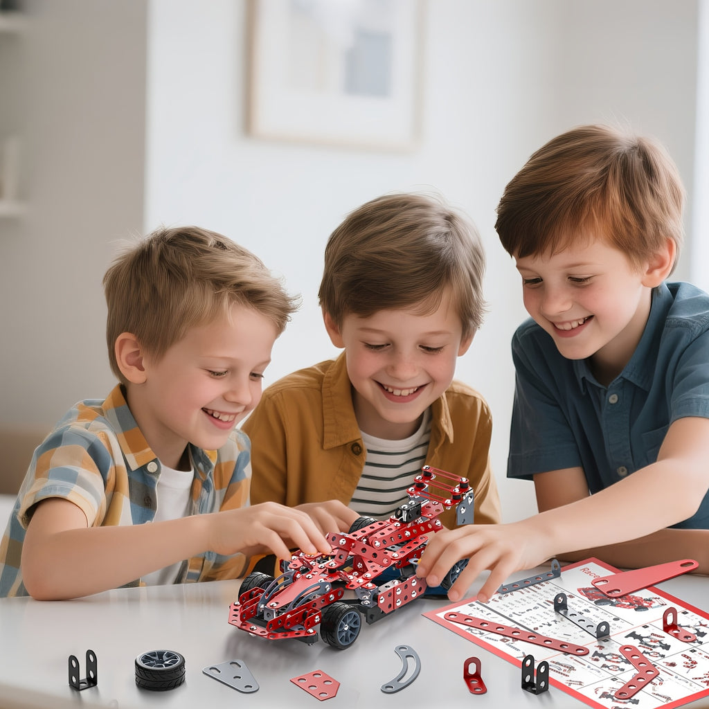 STEM Building Kit Model Car Set 287 Piece Motorized Vehicle for Kids – Assembly Toy with All-Terrain Tires & Openable Hood, Blue Airplane Red Car Green Truck, Birthday Christmas Gift Boys Ages 6+