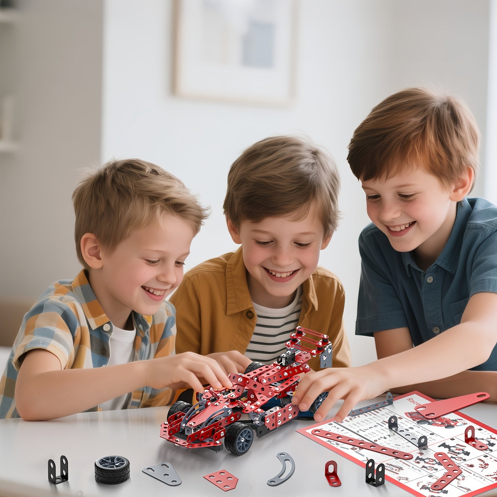 STEM Building Kit Model Car Set 287 Piece Motorized Vehicle for Kids – Assembly Toy with All-Terrain Tires & Openable Hood, Blue Airplane Red Car Green Truck, Birthday Christmas Gift Boys Ages 6+