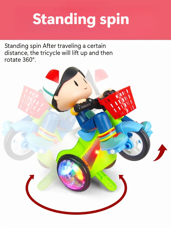 Toddler Electric Tricycle Toy Motorcycle with 360° Rotation & Luminous Lights – Push & Self-Power Kids Ride-On Stunt Vehicle, Birthday Christmas Gift for Boys Girls