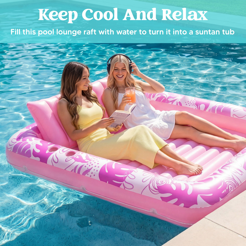Extra Large Inflatable Tanning Pool Lounger Float – 4-in-1 Hot Pink Suntan Tub Raft with Pillow, Sunbathing Lounge Float & Ball Pit for Adults, Pool Party Gift for Women
