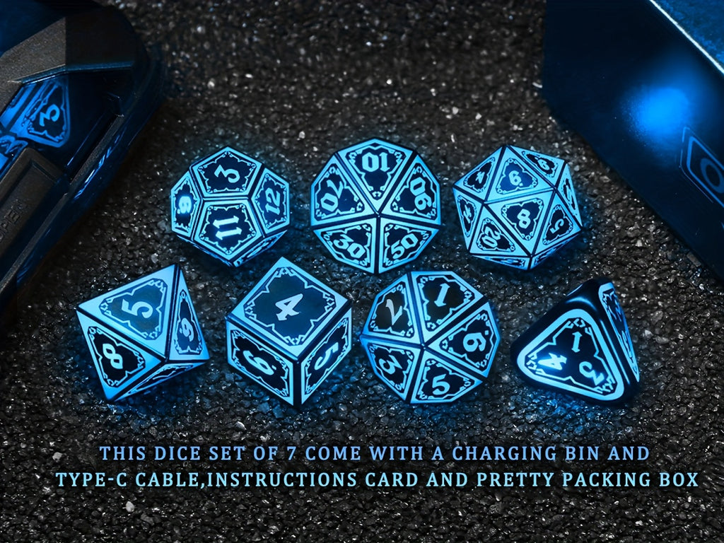 LED DND Dice Set with Wireless Rechargeable Charging Case 7 Polyhedral Glowing Dice – D4 D6 D8 D10 D12 D20 D100 for RPG Tabletop Games, Clear Numbers, 6Hr Battery, Christmas Halloween Gift