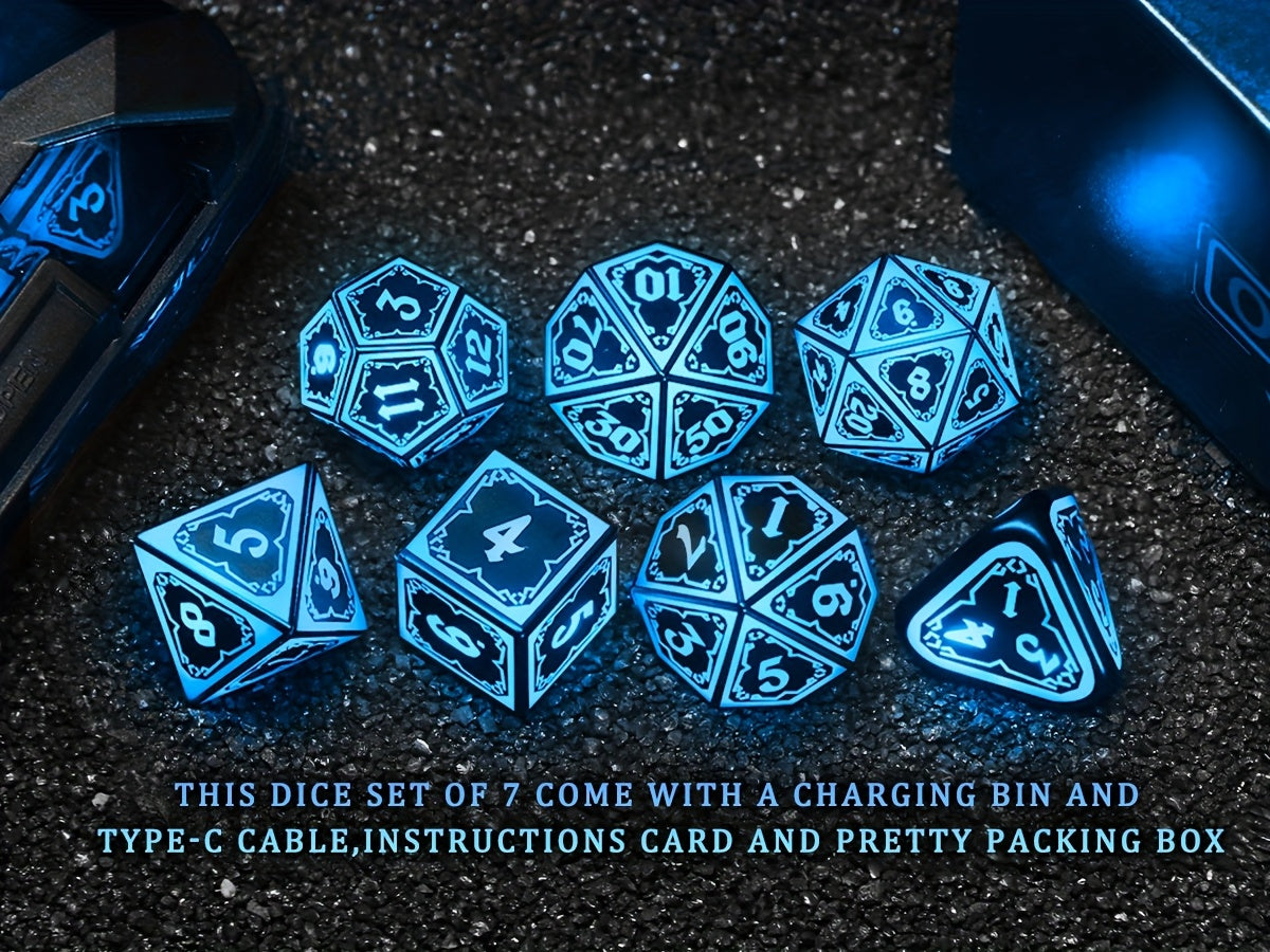 LED DND Dice Set with Wireless Rechargeable Charging Case 7 Polyhedral Glowing Dice – D4 D6 D8 D10 D12 D20 D100 for RPG Tabletop Games, Clear Numbers, 6Hr Battery, Christmas Halloween Gift