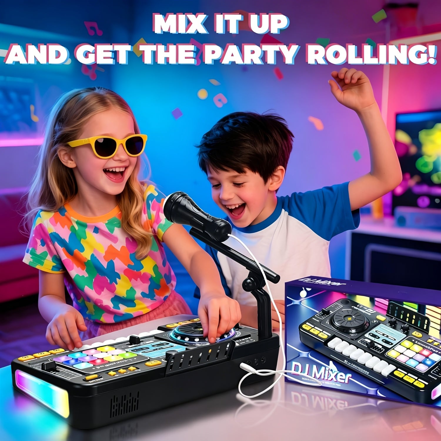 Kids DJ Mixer Toy Set with LED Lights Microphone Piano Keys 100+ Sound Effects Rechargeable Interactive Music Controller for Boys Girls Birthday Gift