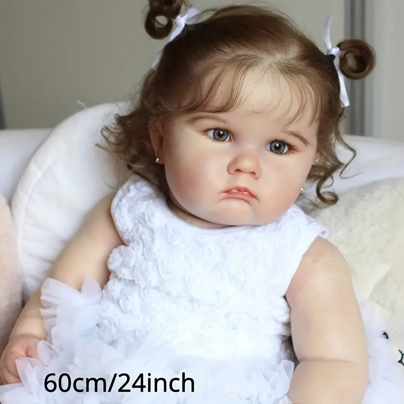 24 Inch Realistic Reborn Girl Doll with 3D Painted Skin & Soft Vinyl Limbs – Hand-Rooted Hair, Acrylic Eyes, White Dress, Pacifier, Bottle & Birth Card, 60cm Collector Gift for Kids Ages 3+