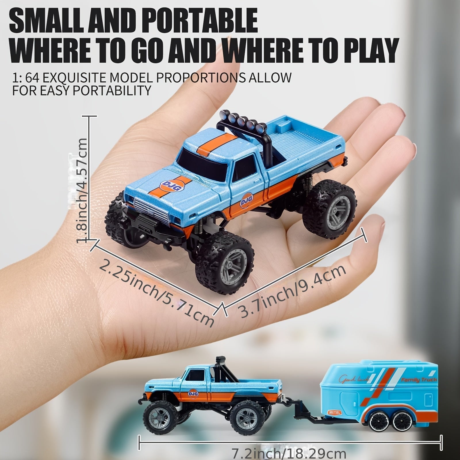Mini RC Off-Road Truck 1/64 Scale Die-Cast with Trailer & Lights, 2.4GHz Rechargeable Climbing RC Car Adjustable Speed Pocket-Sized Palm Toy for Kids & Adults