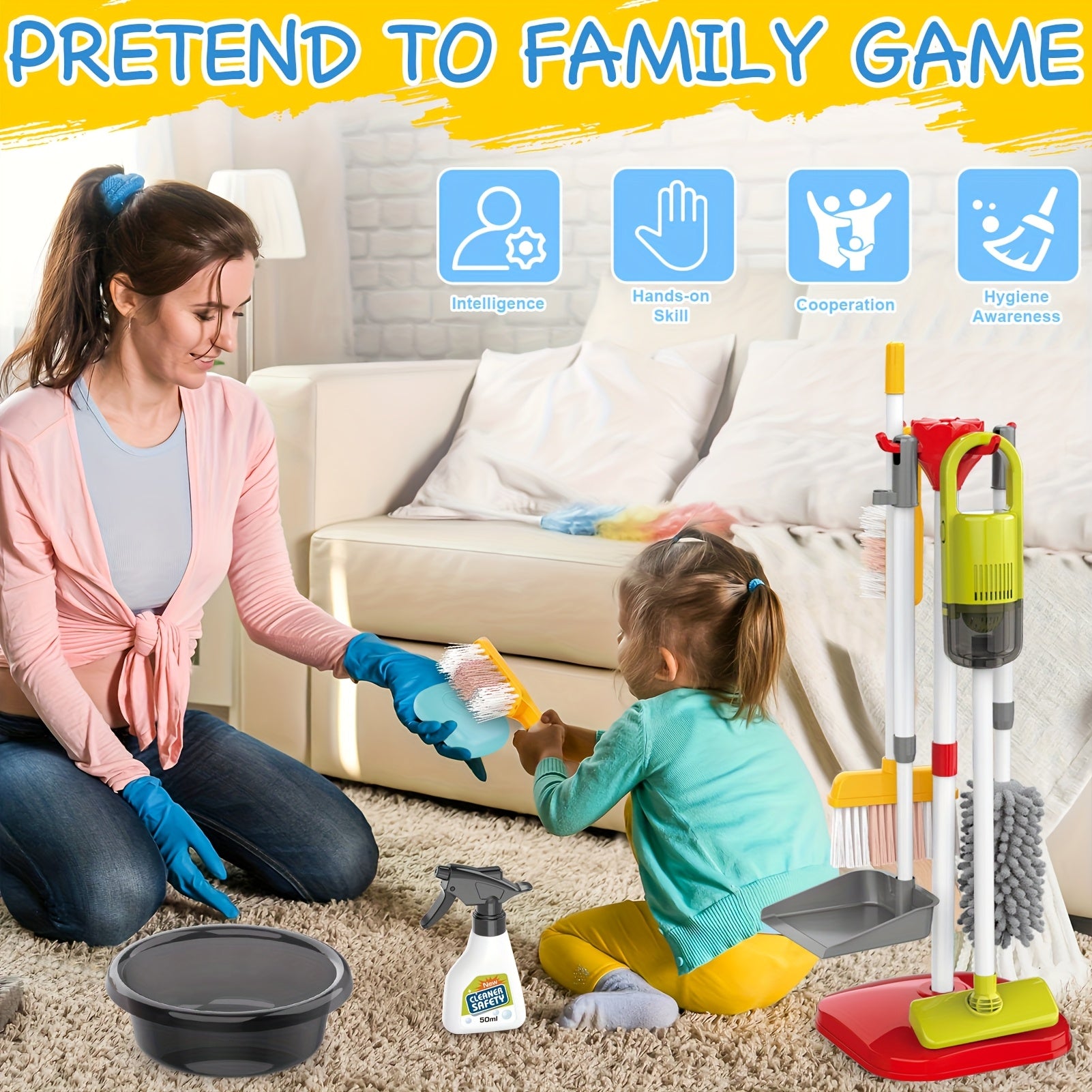 Kids Pretend Play Cleaning Toy Set with Electric Vacuum Cleaner Broom Dustpan Mop & Duster – Home Cleaning Playset for Toddlers Boys & Girls Birthday Gift
