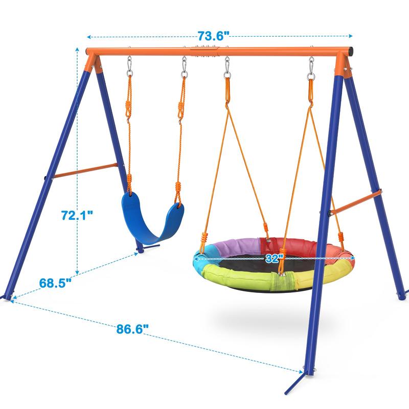 Saucer Swing Set with Stand for Kids, AOWOS Metal A-Frame Backyard Playset with Single, Double or Triple Swing Options for Outdoor Family Fun
