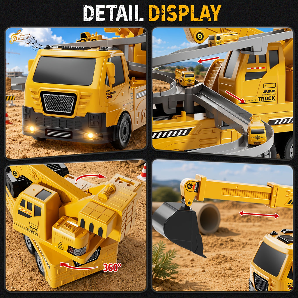 3-in-1 Construction Vehicle Toy Set Crane Excavator Racing Track with 8 Cars Lights Sounds STEM Playset for Kids Boys Girls Toddlers Ages 3+ Birthday Christmas Gift