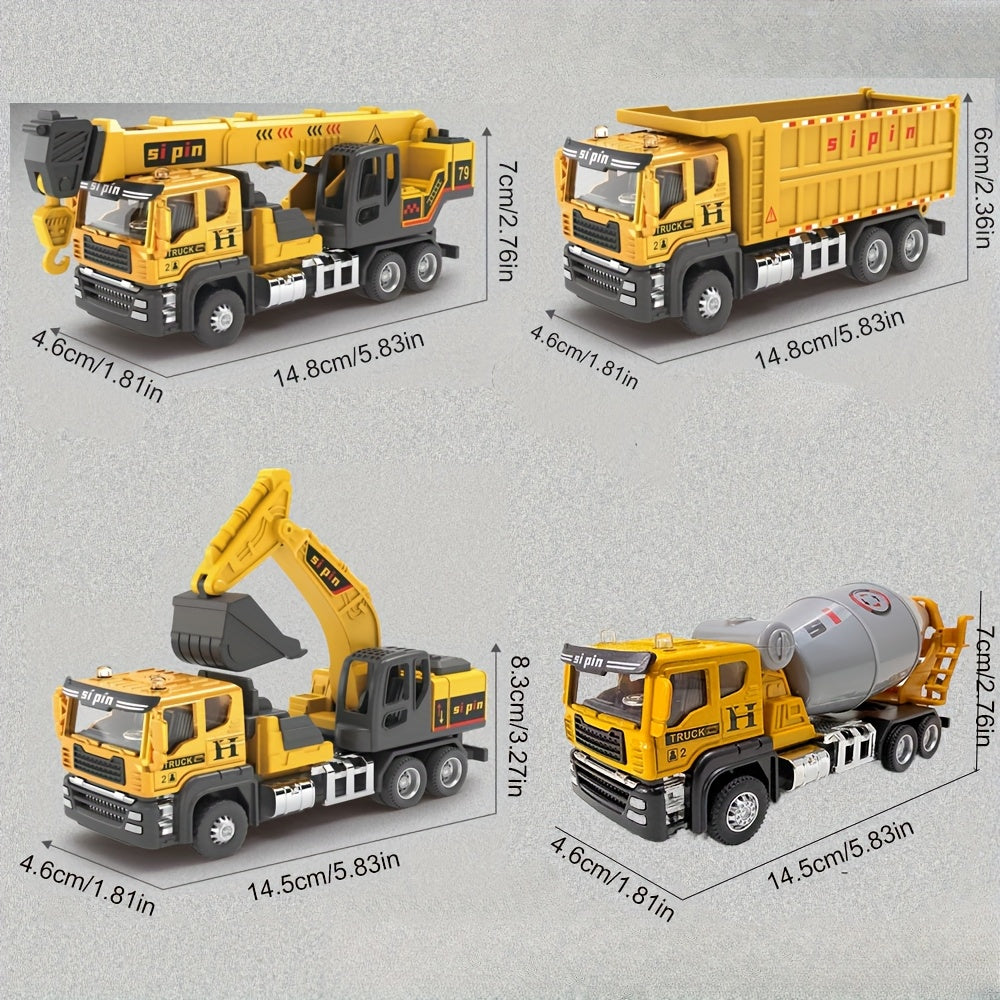 Alloy Construction Vehicles Set for Kids 5.8" – Metal Inertia Excavator Dump Truck Cement Mixer Crane Engineering Toy, No Battery Gift for Boys Ages 3+