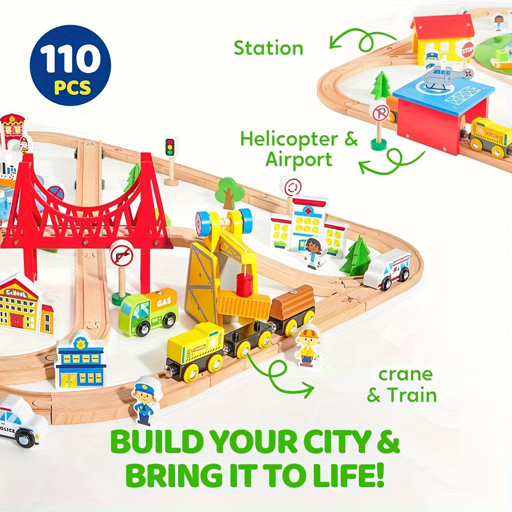 110pcs Wooden Train Set City Scene Railway – 6 Magnetic Trains, 7 City Themes, Helicopter, Ship & Vehicles, Compatible with All Brands, Birthday Christmas Gift for Kids