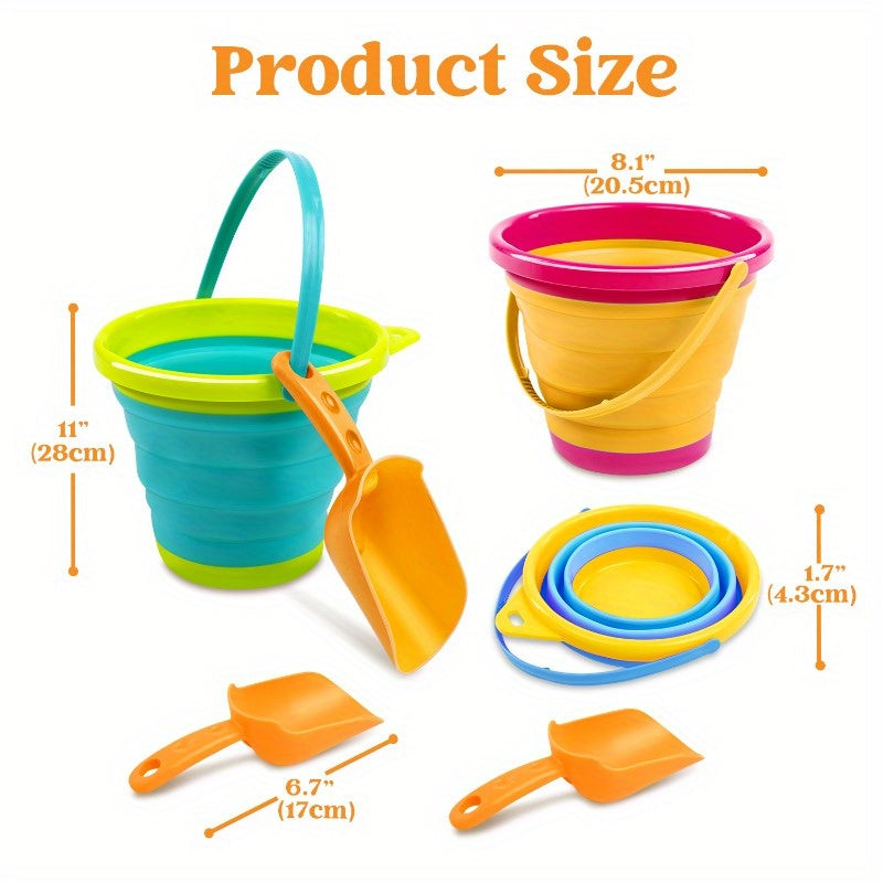 Foldable Beach Bucket Set 3 Pack Collapsible Sand Pails with Shovels & Mesh Bag – Kids Beach Toy for Sand Play, Pool, Camping