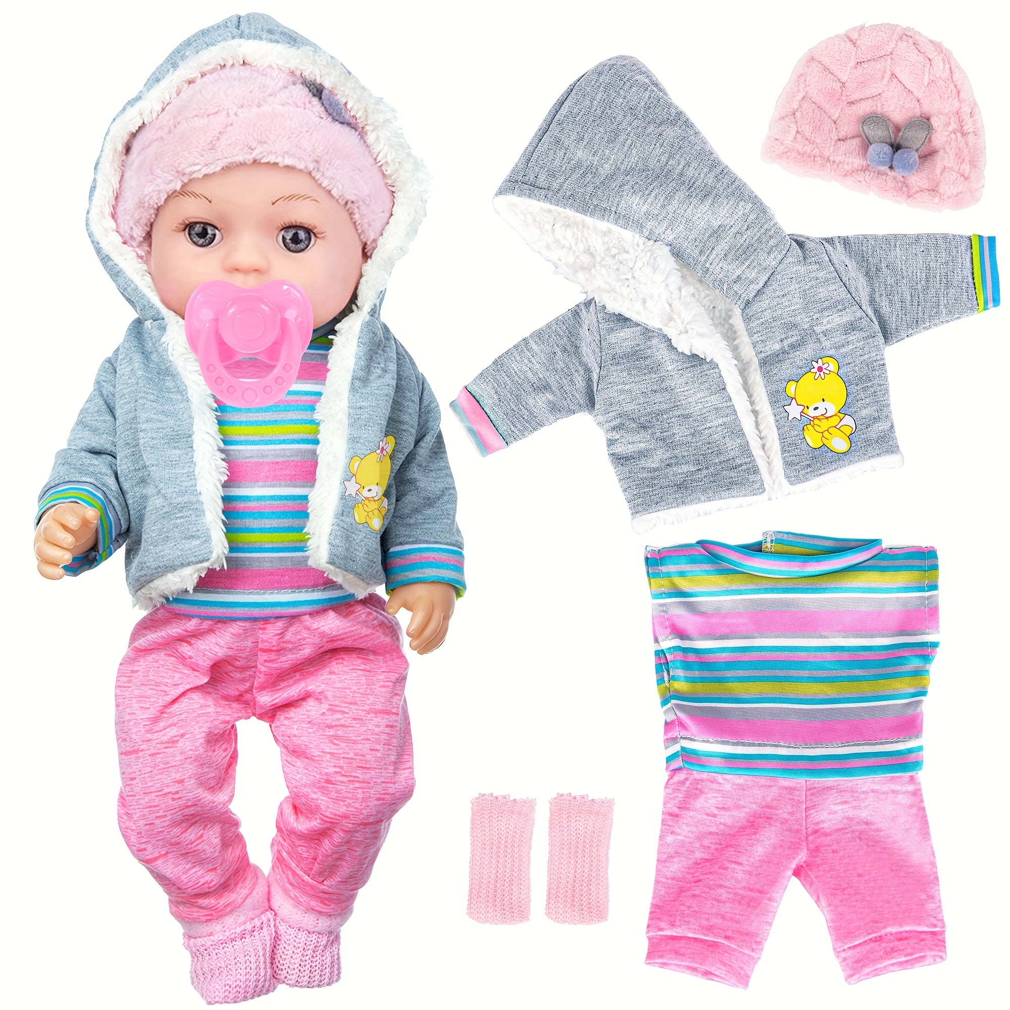 12 Inch Baby Doll Set with Winter Clothes – Coat, Outfit, Socks, Pacifier, Feeding Bottle & Utensils, Movable Limbs Nurturing Playset Gift for Girls Kids Ages 3+