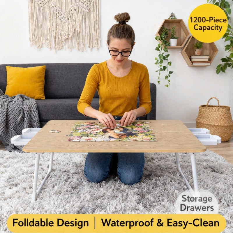 Foldable Puzzle Table with 4 Drawers – Portable Wood-Finish Puzzle Board & Storage Workbench for 1500 Pieces, Lightweight Puzzle Aid for Adults & Seniors, Room Decoration