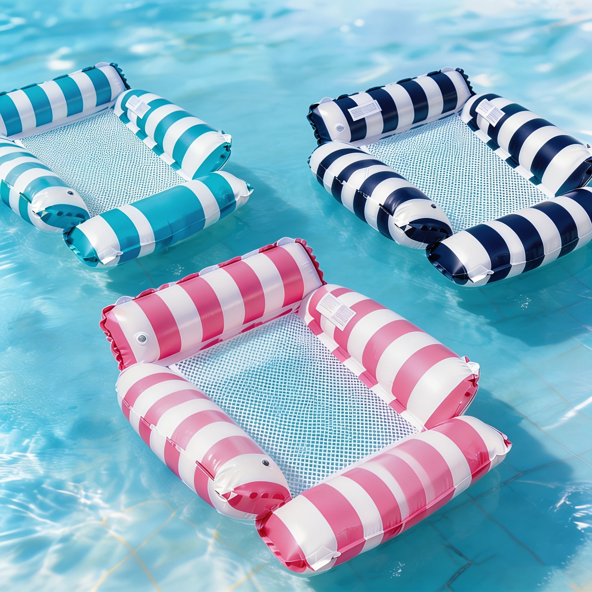 Inflatable Pool Float Bed with Cooling Mesh for Adults – Striped Foldable Floating Lounger Chair 43in, Beach Vacation Essential, 2 or 3 Pack