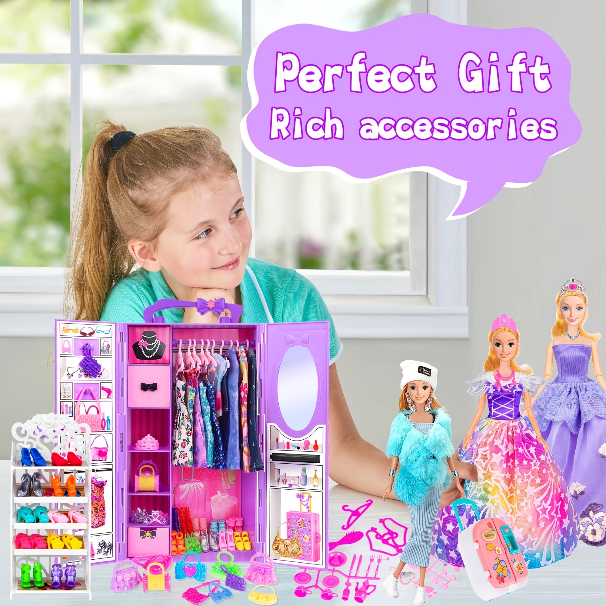 Fashion Doll Closet Playset 108pcs – 11.5 Inch Poseable Doll Wardrobe Wedding Gowns Shoes Handbags Crowns Accessories Gift for Girls Ages 6-12 Birthday Christmas