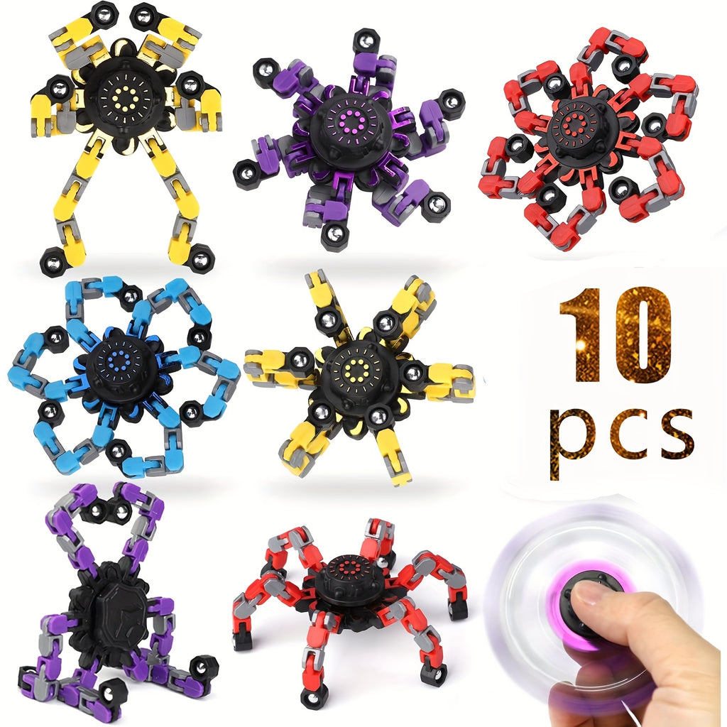 Deformable Robot Fidget Spinner Gyro Toys 10 & 15 Pack – Mechanical Fingertip Spinner Decompression Toys, Glow in Dark Option, Party Favors & Gifts