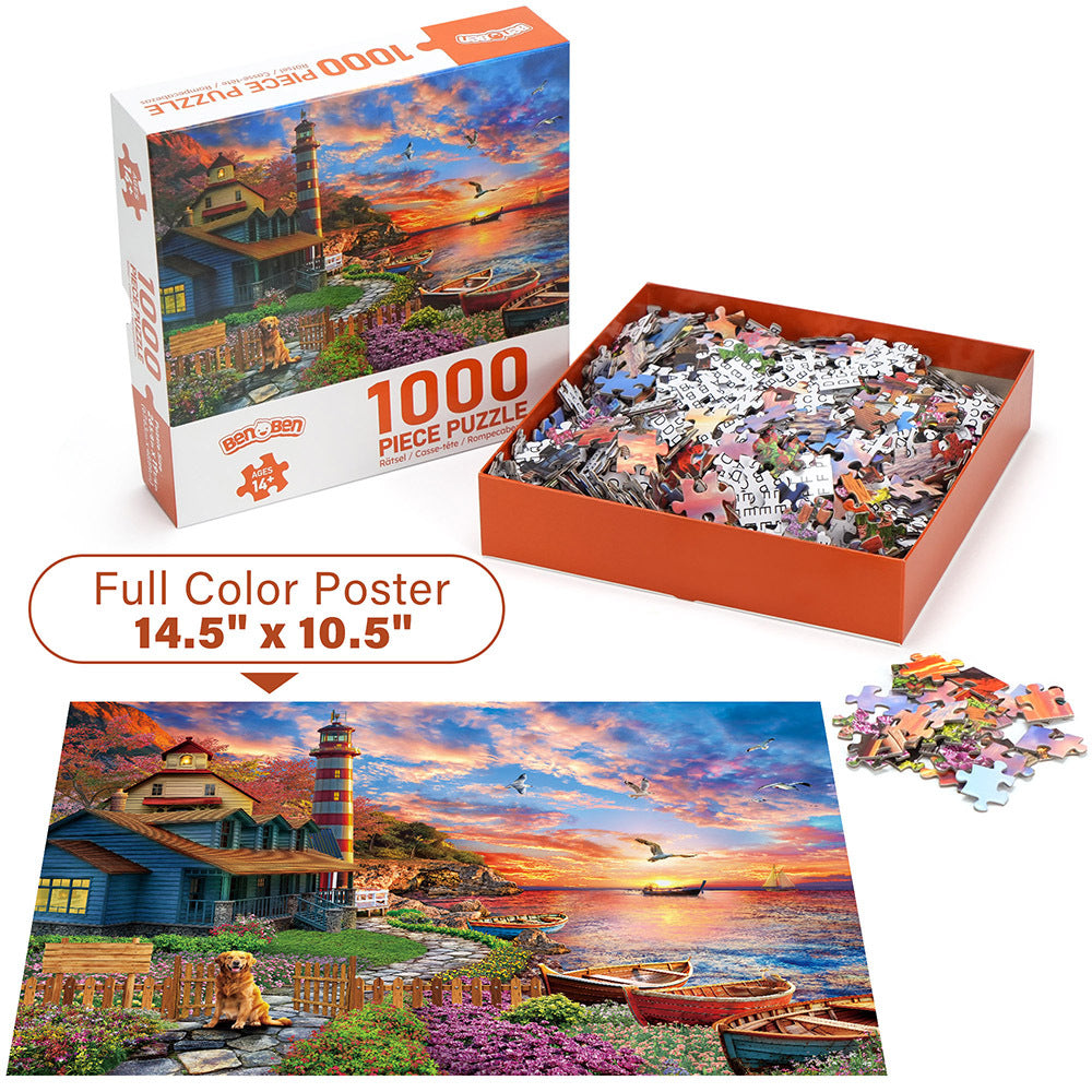 1000 Piece Jigsaw Puzzles for Adults 3-Pack, Sunset Lighthouse Bird Crochet Moroccan Pottery Themes, Brain Teaser Family Fun with Storage Box, Christmas Birthday Gift Ages 14+