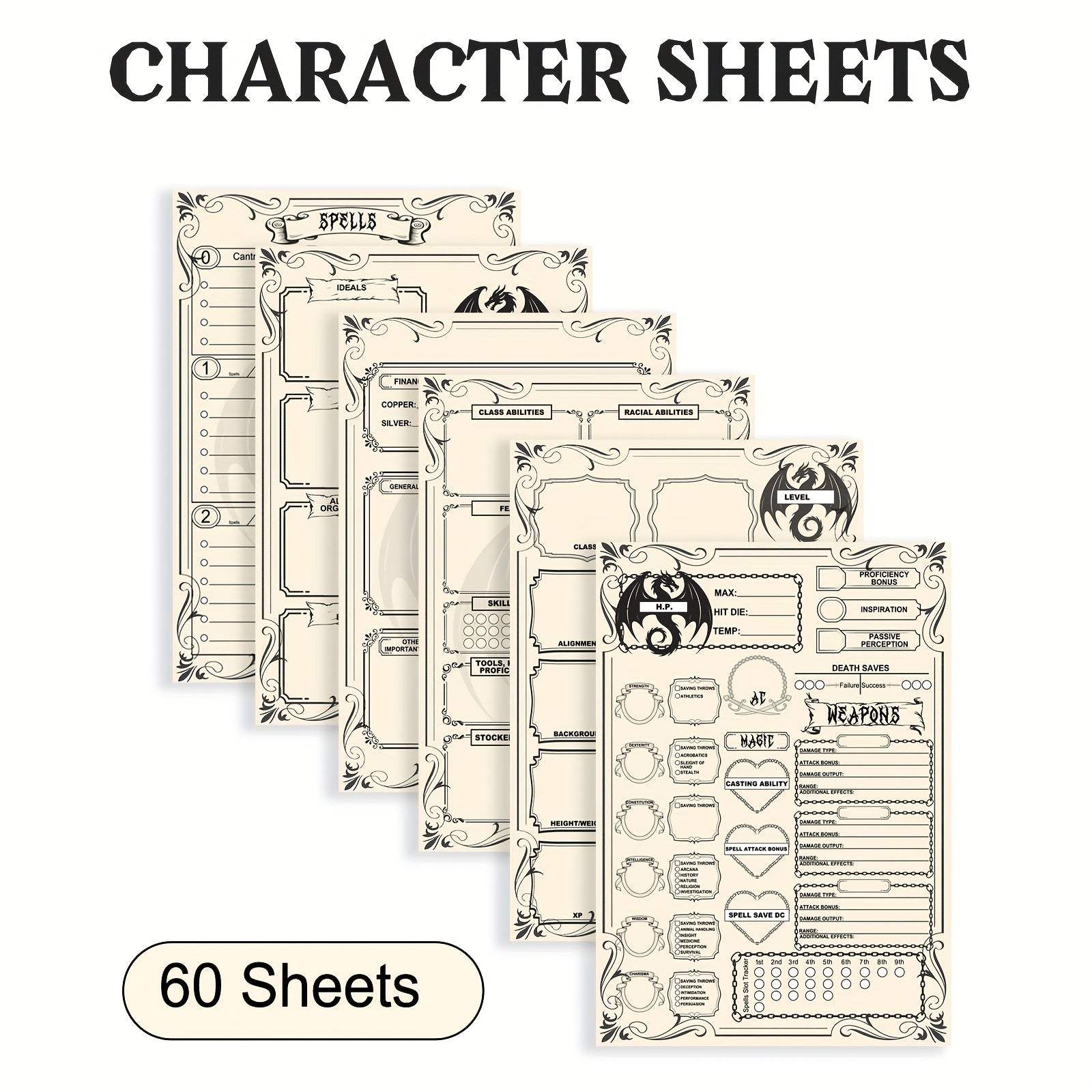 DnD 5e Character Sheet Spell Tracker Journal 60 Pages A5 – 10 Sets of 6 Unique Pages for Dungeons & Dragons Campaigns, RPG Player Character Tracker Gift for Dungeon Masters & Tabletop Gamers