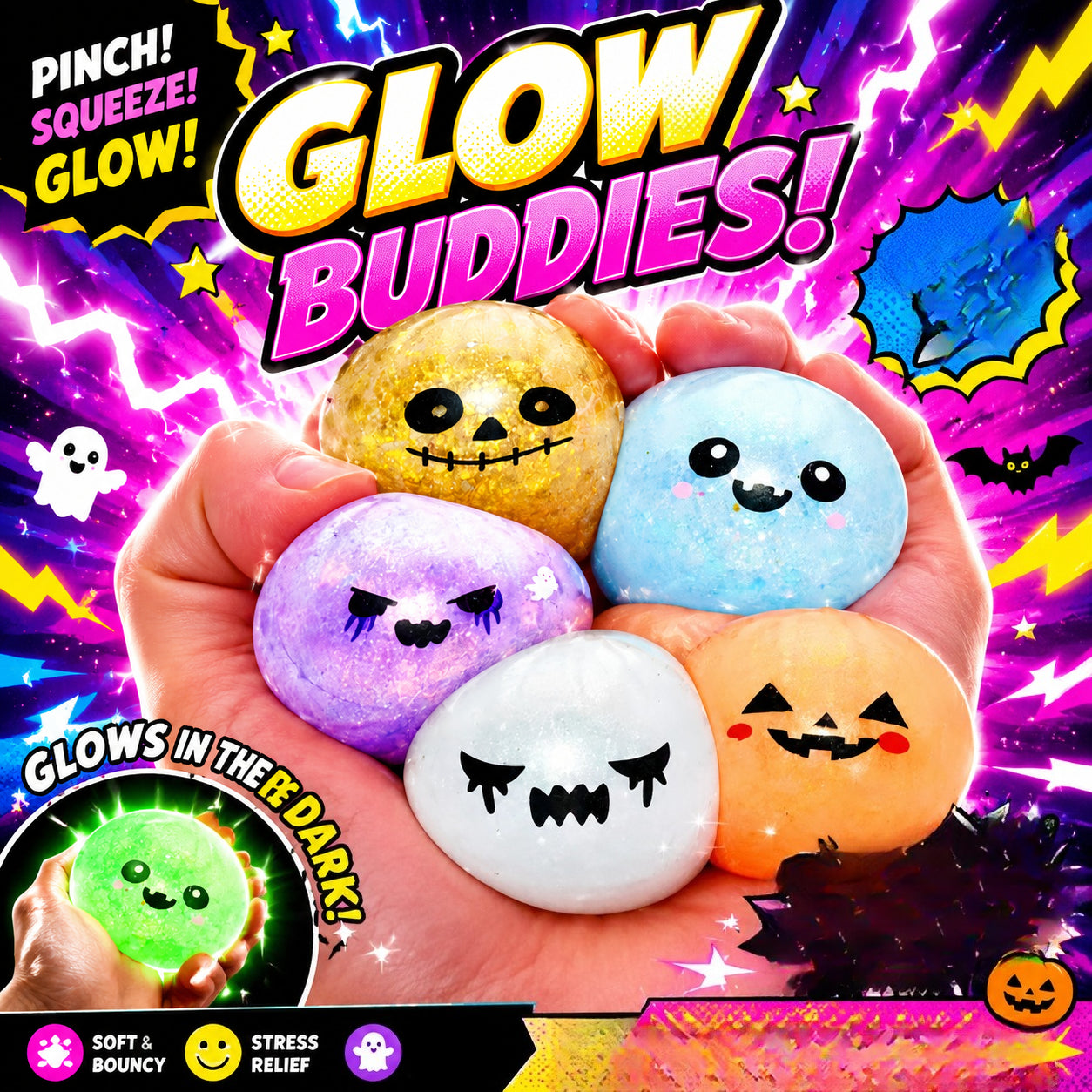 Glow in the Dark Squishy Toy Set 9pcs Halloween – Slow Rise Squeeze Stress Relief Dumpling Steamer Sensory Party Favor Kit Spooky Gift for Kids Adults