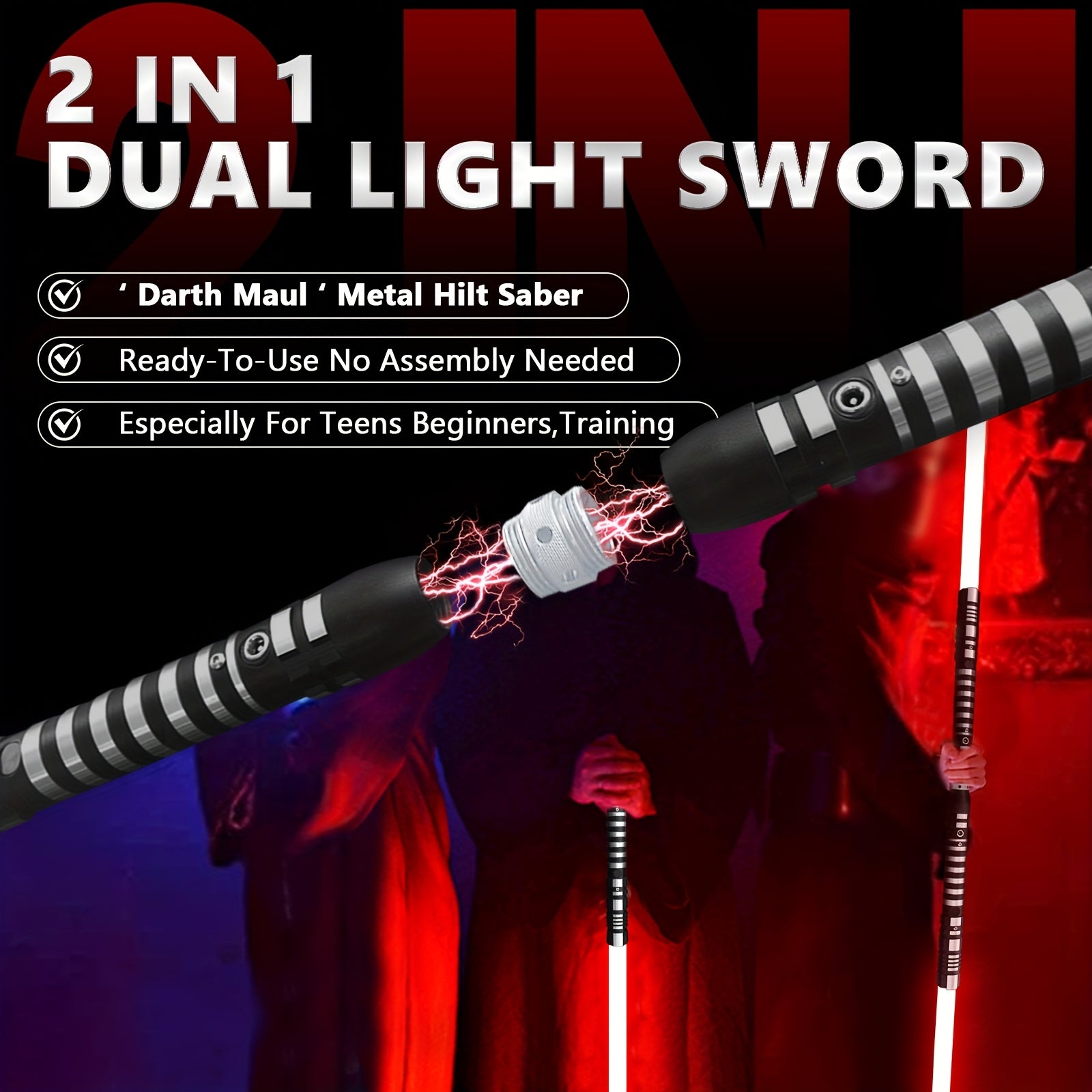 78 Inch Dueling Saber 2-in-1 Light Up Sword 16 Color Lights 3 Movie Sound Effects Mute Double Player Halloween Cosplay Birthday Party Gift