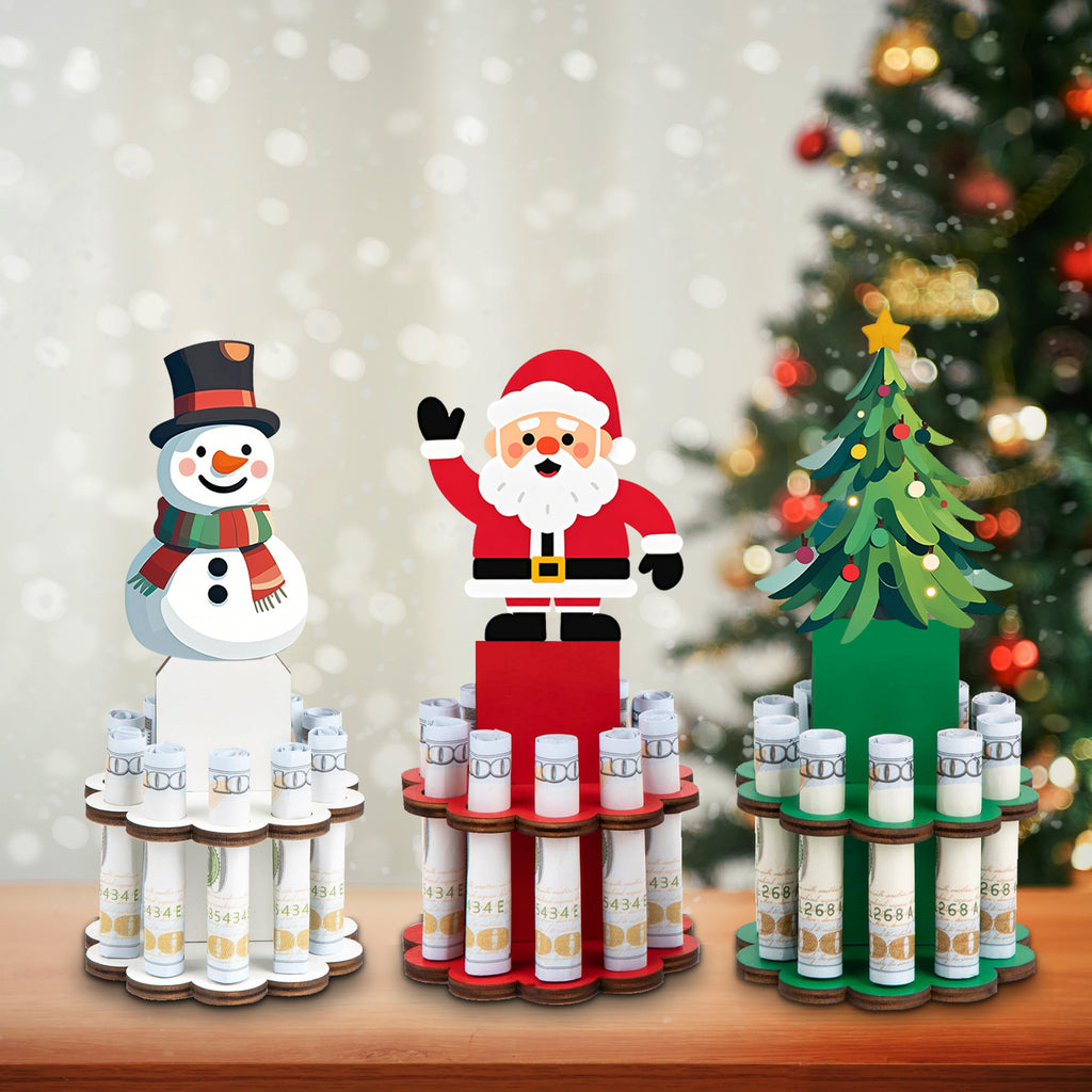 Christmas Money Holder Tree 3-Set Wooden Money Dispenser with 10 Holes – Xmas Ornament Table Decor for Holiday Party Favors Winter Gift Giving
