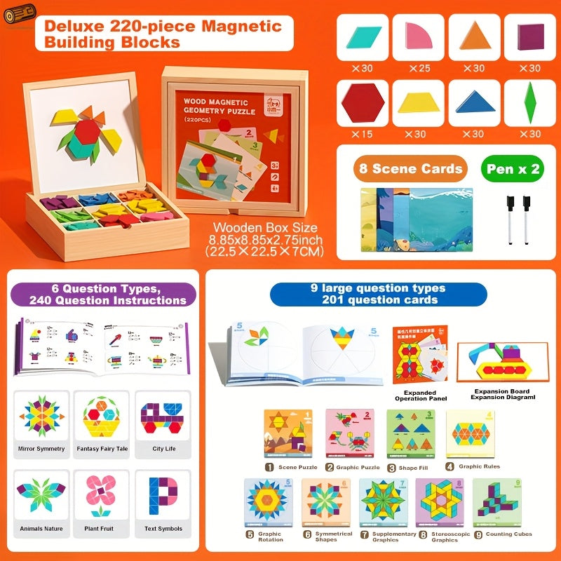 Geometric Shape Magnetic Wooden Puzzle 128-220pcs Educational Cognitive Learning Toy for Toddlers Kids Preschool Montessori STEM Birthday Gift