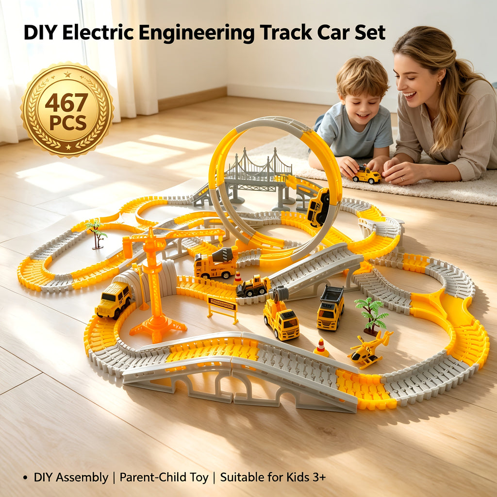 Kids Electric Track Car Toy Set Engineering Race Track with Elevated Bridge Tunnel Roller Coaster Scene Building Assembly – Birthday Gift Boys Girls Ages 3-8