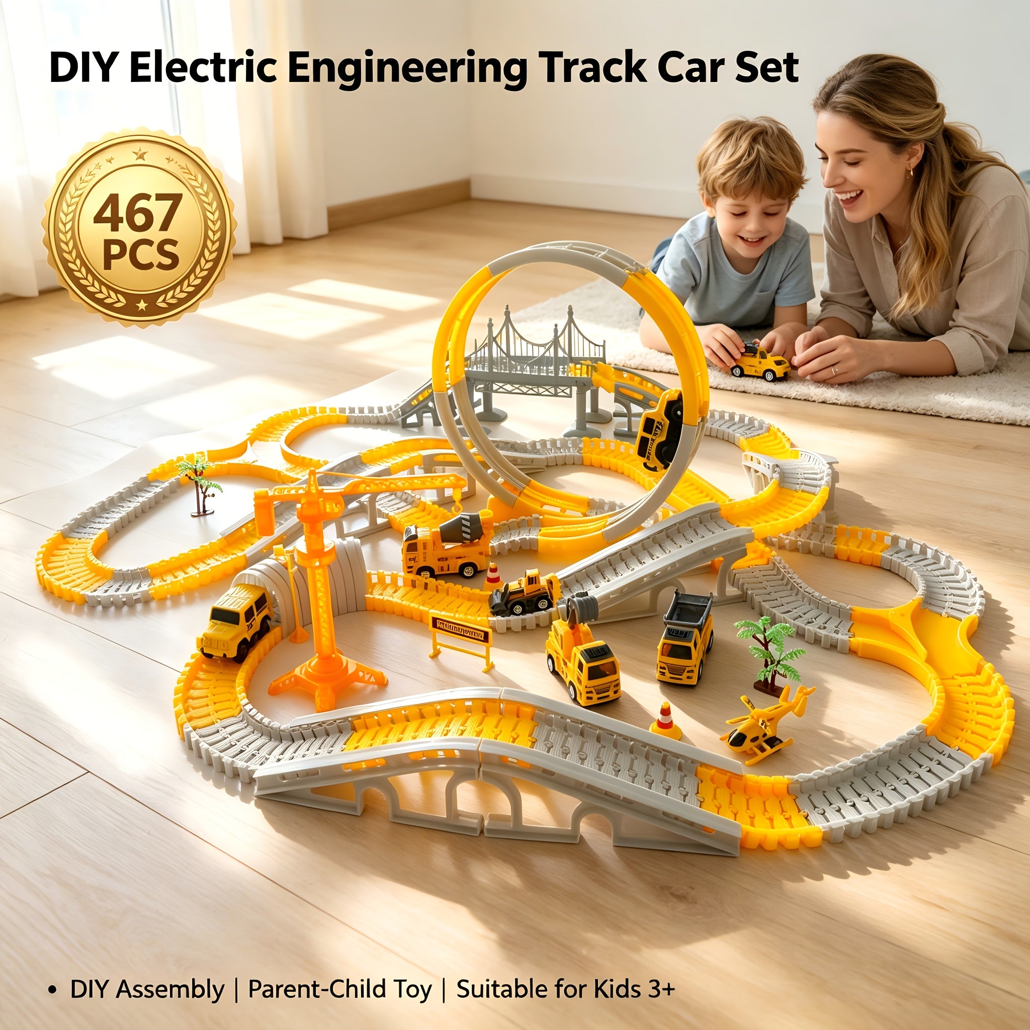 Kids Electric Track Car Toy Set Engineering Race Track with Elevated Bridge Tunnel Roller Coaster Scene Building Assembly – Birthday Gift Boys Girls Ages 3-8