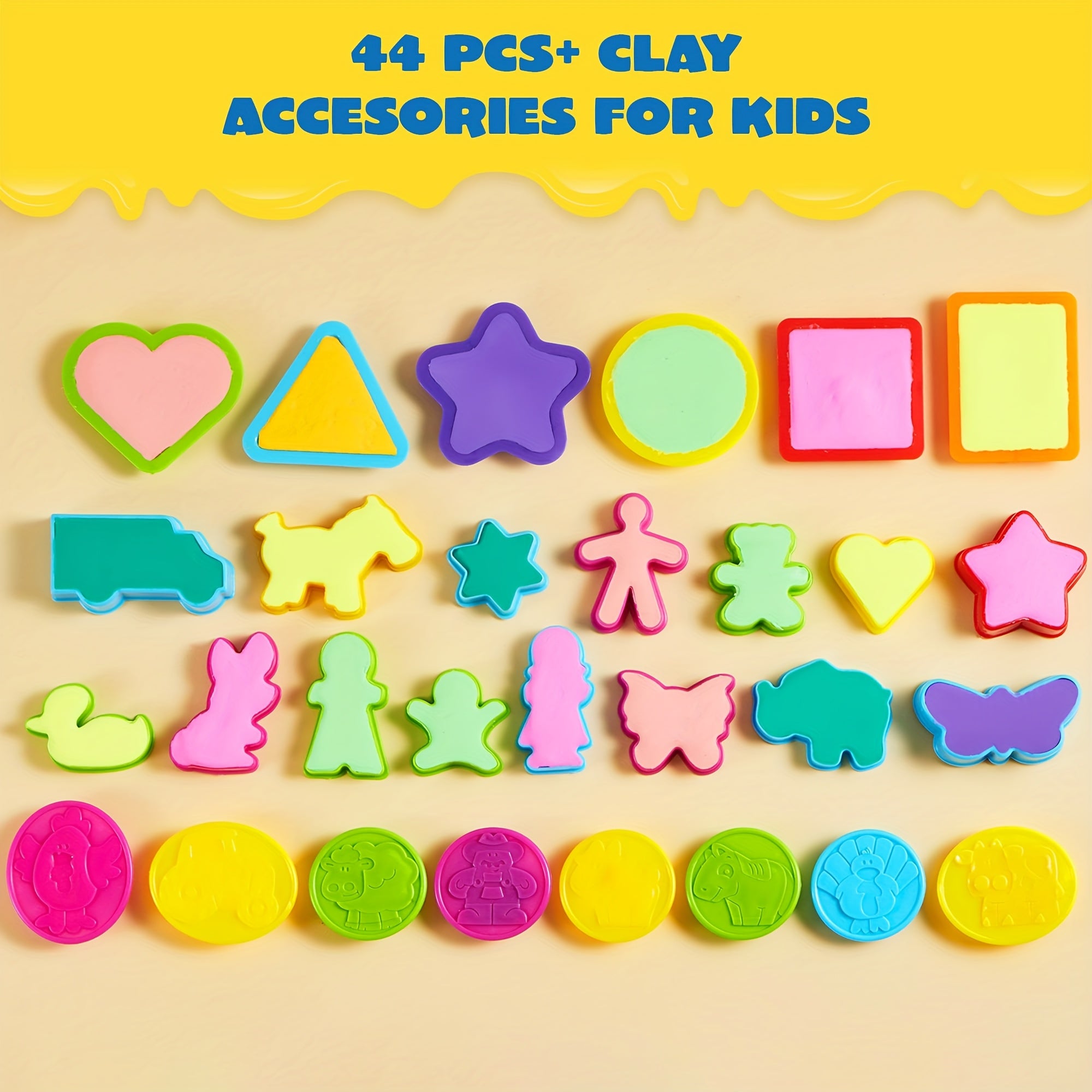 Clay Tools Set for Kids 44 Pcs Dough Accessories with Molds Rolling Pins Cutters Easy Grip Handles Non-Toxic ABS Plastic Party Favor Christmas Gift