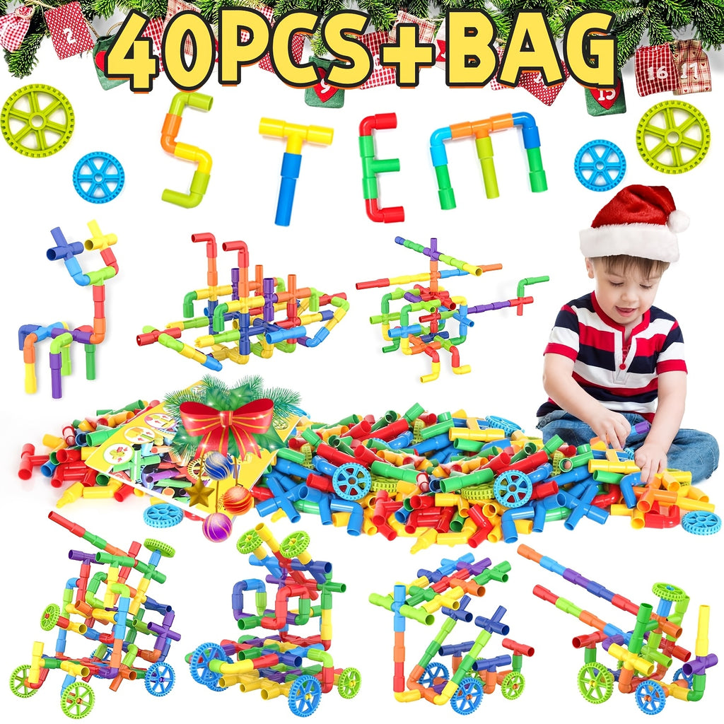 Pipe Building Blocks Set for Kids, Creative Water Pipe Tube Construction Toy with Storage Bucket for Boys Girls Ages 3+, STEM Open-Ended Imaginative Building Toy, Birthday Halloween Christmas Gift