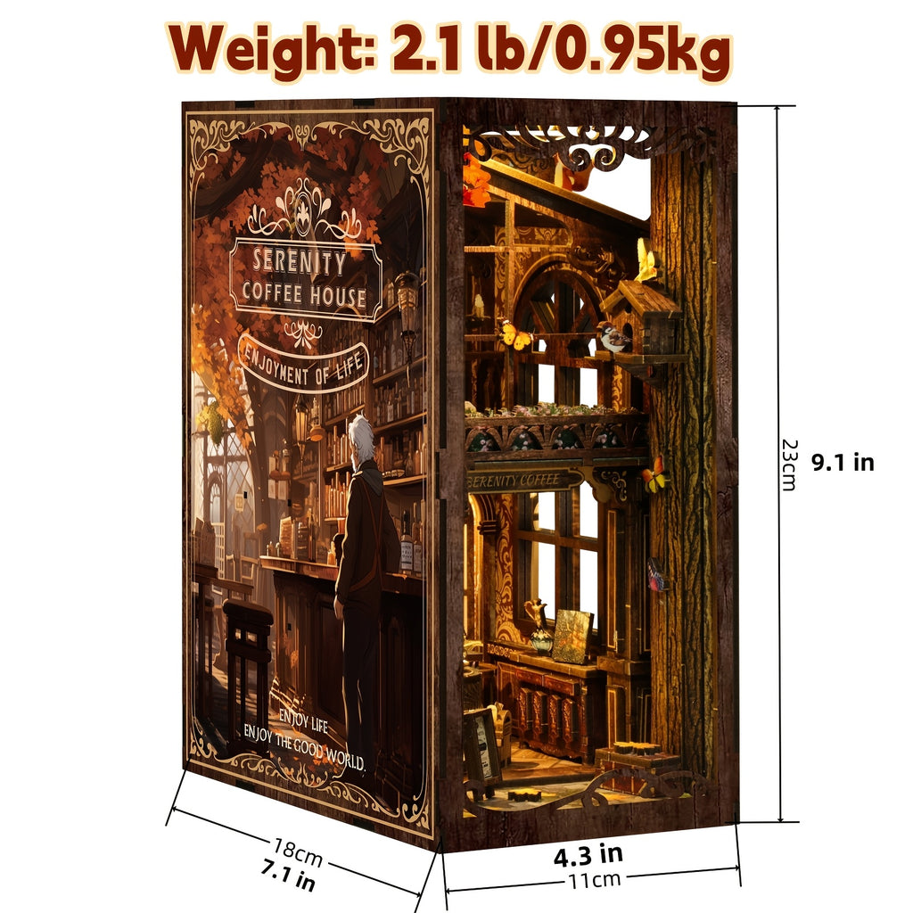 DIY Miniature Book Nook Kit with LED Light Coffee House 3D Wooden Bookshelf Insert Puzzle Dustproof Craft Kit Gift for Adults Teens Craft Lovers