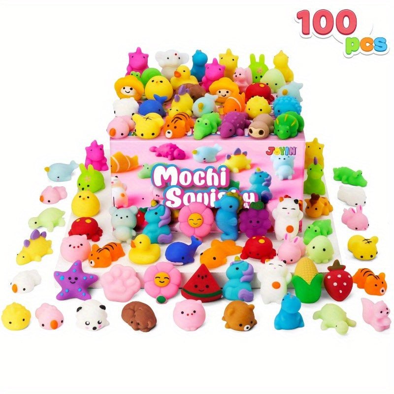 Mini Mochi Squishies 100 Pack – Kawaii Animal & Fruit Squishy Toys for Kids, Classroom Prize, Birthday Party Favor, Halloween Goodie Bag Filler for Boys & Girls